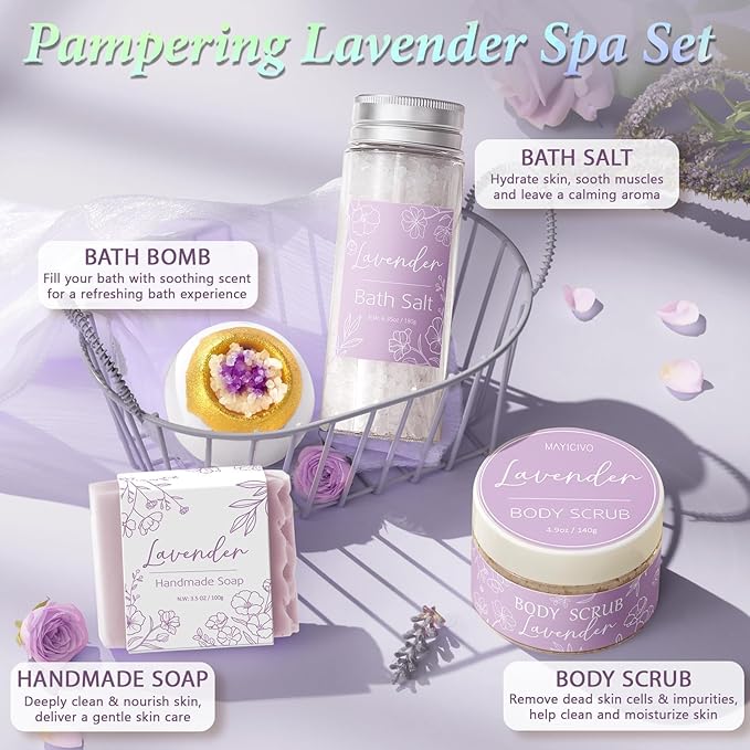 Spa Gifts for Women Bath Gift Set, Lavender Relaxing Spa Gift Baskets Home Bath Set Self Care Kit Care Package Thank You Birthday Valentines Day Gifts for Her Women Mom Friend Sister Teen Girl Wife