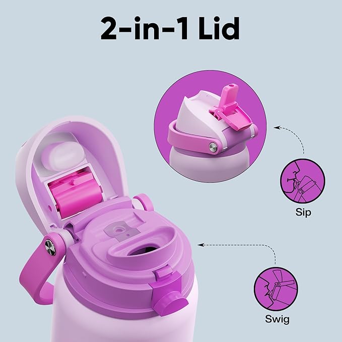 Insulated Water Bottle with Straw - Encool Stainless Steel Water Bottle with Push Button Lid, Leak-Proof & BPA-Free, Keeps Cold for 24 Hours for Sports, Travel, Gym (32 oz, Thistle-Fuchsia) ENCOOL