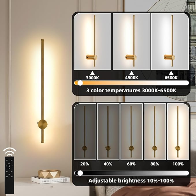 Battery Operated Wall Sconce USB Rechargeable Sconces, 23.6" Brushed Gold Wireless Wall lamp Set of 2, 3000K-6000K & Dimming with Remote Control, LED Wall Lights for Living Room, Bedroom - Bloomnest