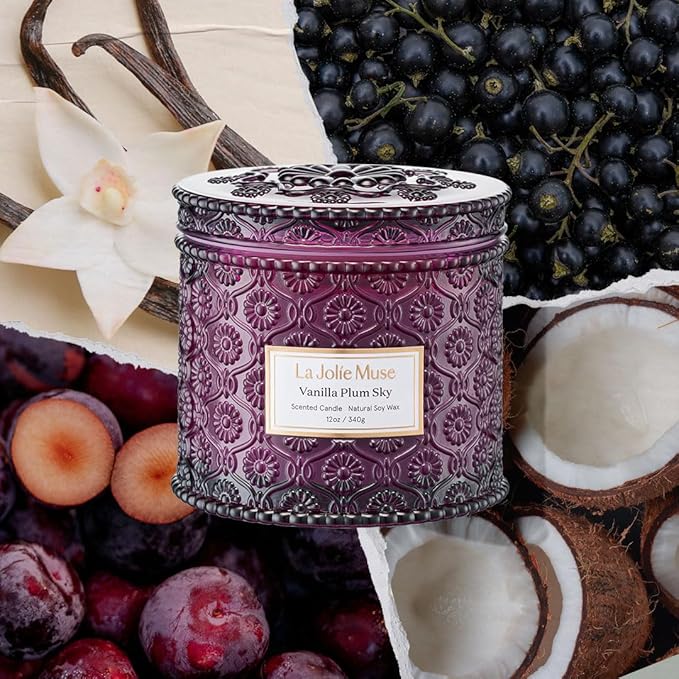 LA JOLIE MUSE Vanilla Plum Sky Candle - Coconut, Vanilla, Plum | 12 oz Large 2-Wick Soy Wax Candle | 60 Hours Clean Burn | Gift-Ready for Hosts & Gatherings | Elegant Home Decor - Bloomnest