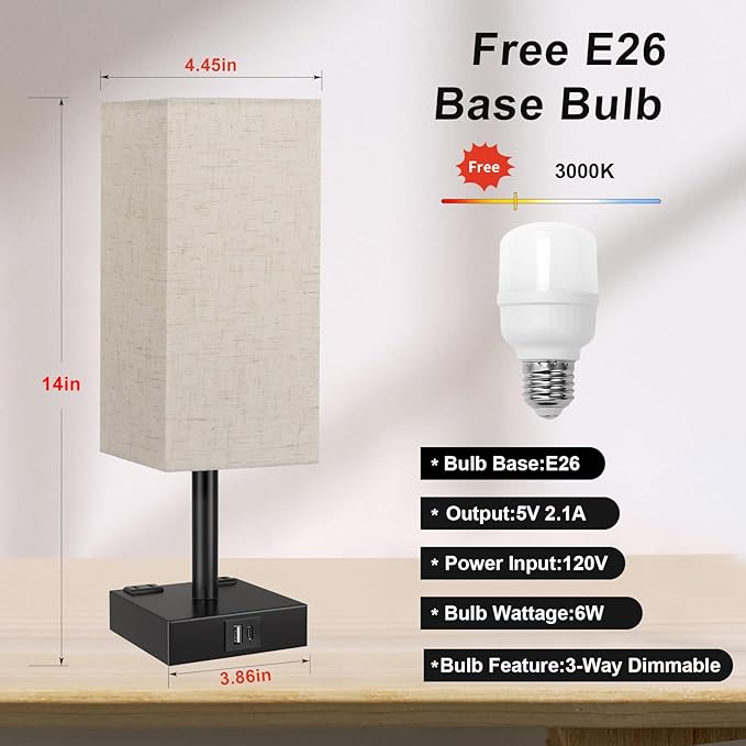 Touch Bedside Table Lamp for Nightstand - 3-Way Dimmable Night Lamp with USB A + Type C Charging Ports and Two AC Outlets, Small Desk Light with E26 LED Bulb for Bedroom Living Room Dorm, Beige - Bloomnest