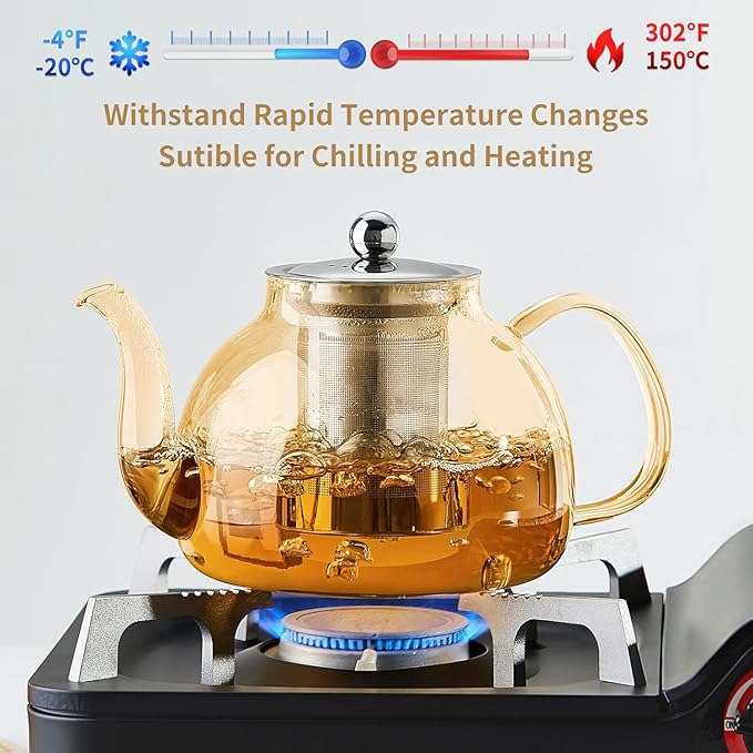 40OZ (1200ML) Glass Teapot with Infuser Stovetop Safe, Clear Glass Tea Pot Kettle, Borosilicate Tea Pot with Infusers Filter for Loose Tea, Tea Kettle Dishwasher Safe (Champagne) - Bloomnest