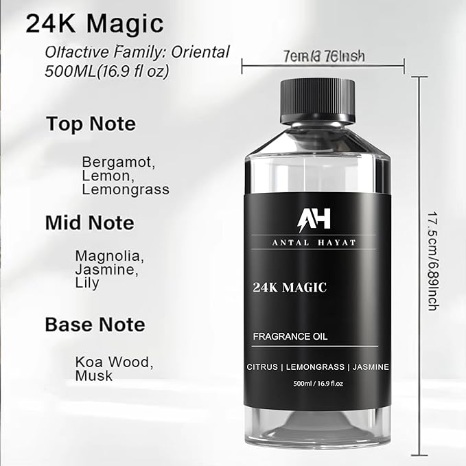 24K Magic Scent Diffuser Oil 500mL - Inspired by Luxury Hotel W Hotels - Notes of Zesty Citrus, Floral Jasmine, & Delicate Lily - Aromatherapy Home Fragrance - 24K Diffuser Oil - AH Diffuser Oils - Bloomnest