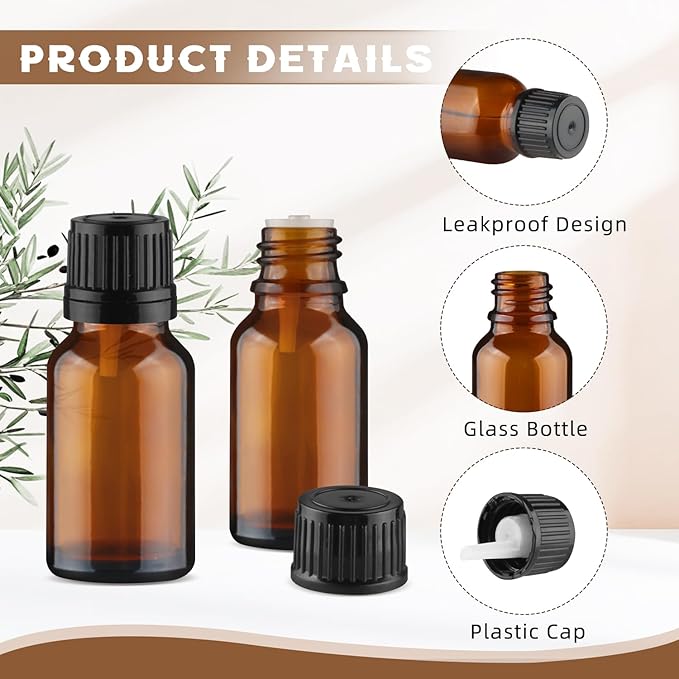 25 Pcs 15ml/0.5oz Essential Oil Bottles Amber Glass Bottle Refillable Small Oil Vial Sample Bottles Liquid Dispenser for Essential Oils Oil Blends Perfumes Lab Bloomnest