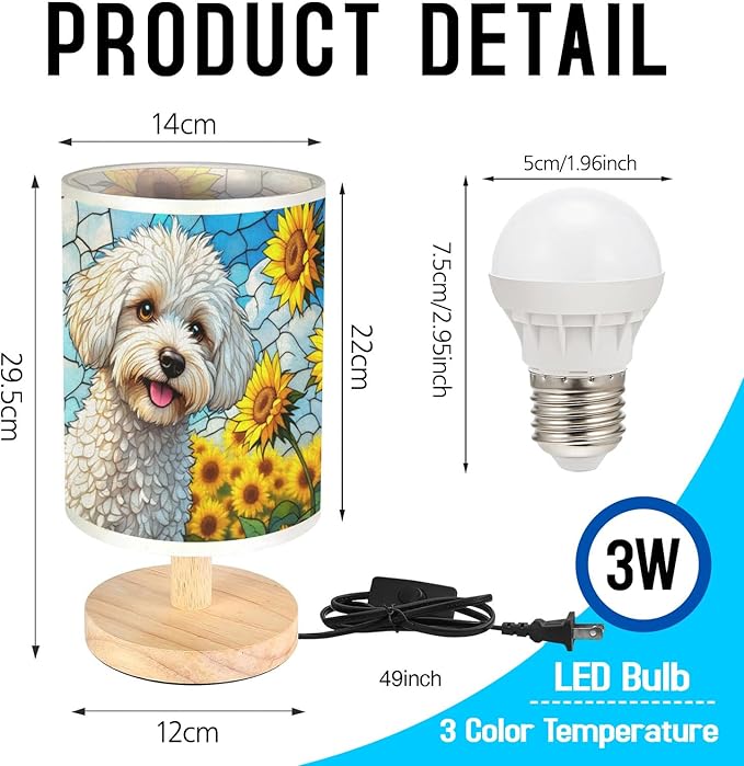 Bichon Frise Table Lamp LED 3-Color Pressed Bedside, Dog Shade Lamp with Wood Base for Bedroom Living Room Desk Office - Bloomnest