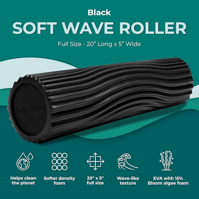 Oceanfoam Soft Tidal Roller (Black) - Low Density Foam Roller for Physical Therapy, Back Pain, Excercise & Stretching - Wave Textured - Yoga, Athletics, & Wellness - Full Size, 20" x 5" - Bloomnest