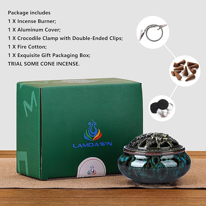 Censer Sky Blue Incense Burner with Calabash Incense Stick Holder - Porcelain Charcoal Censer for Use with Resin Granular Powder Cone or Coil Incense (Blue Fambe) - Bloomnest