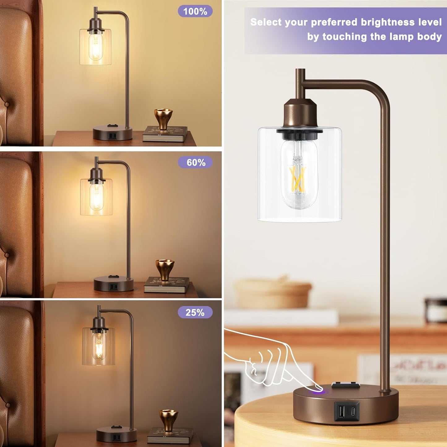 Innqoo Industrial Touch Table Lamps for Bedrooms Set of 2-3-Way Dimmable Lamps with USB C+A Ports and Outlet, Brown Bedside Lamps with Clear Glass Shade for Living Room, Desk Lamps for Home Office