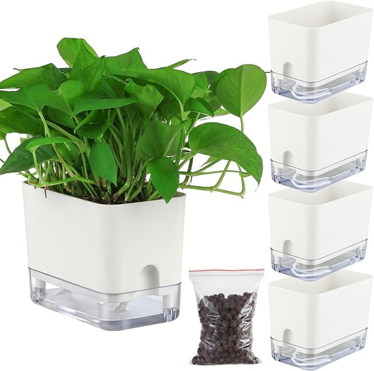 Planterhoma Self Watering Plant Pots for Indoor Plants 7 inch, 4 Packs Rectangle Self-Watering Planters with Drainage Hole, White African Violet Pots for Devil's Ivy, Spider Plant, Orchid, Herb - Bloomnest