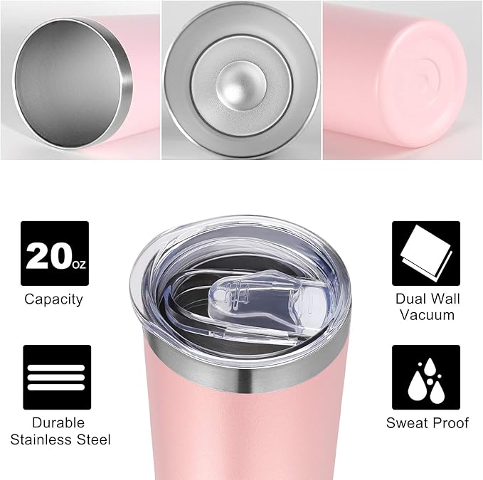 VEGOND Stainless Steel Tumblers Bulk 12 Pack, 20 oz Vacuum Insulated Skinny Tumblers with Lid and Straw, Double Wall Coffee Mug, Travel Water Cup, Light Pink - Bloomnest