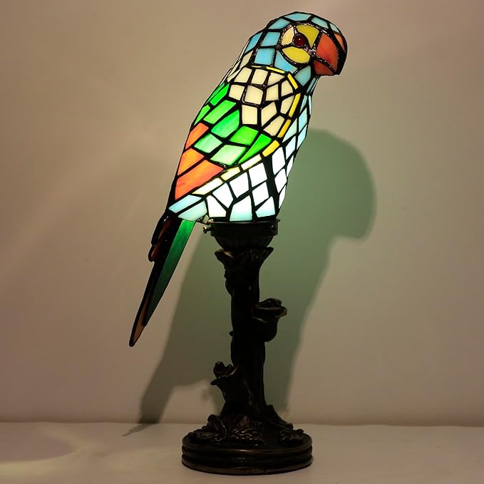 Small Tiffany Lamp Parrot Table Lamp Stained Glass Accent Lamp 15.3 Inch Tall Mini Desk Bedside Night Light for Kids Bedroom (Blue) - Bloomnest