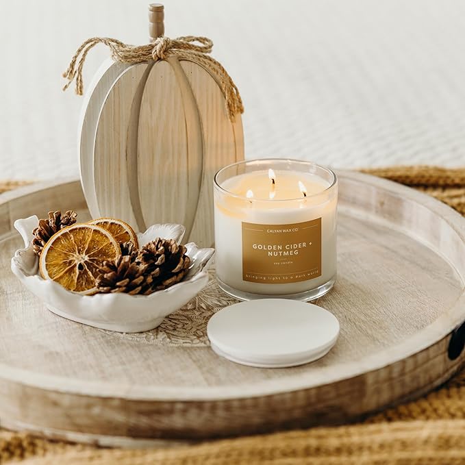 Calyan Wax Co. Golden Cider & Nutmeg 3 Wick Scented Candle - 43 Hour Burn - Luxury 3 Wick Soy Candles - Non Toxic Soy Wax Candles - Long Lasting Large Glass Jar Candle for Home - 14.9oz - Bloomnest