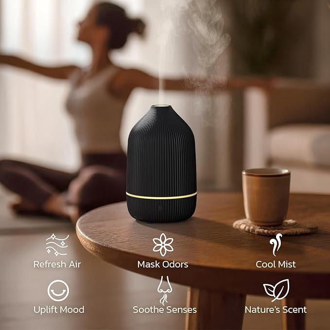 Essential Oil Diffuser, 100ml Aromatherapy Diffuser, Mini Ultrasonic Diffuser for Essential Oil, Home, Office, Cool Mist Humidifier with 7 Led Light, Auto Shut-Off, Black - Bloomnest