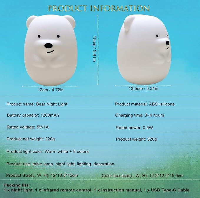 Large Size Bear Night Lights for Kids, Decorative Led Soft NightLight, 9 Color Modes Animal Decor Lamp for Girls, Cute Small Lamps for Bedrooms, Room Desk Decor Holiday Gift - Large - Bloomnest