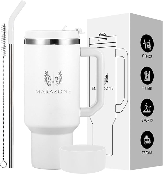 40 oz Insulated Tumbler with Handle and Straw - Stainless Steel Double Wall Vacuum Cup, Car Cup Holder Compatible Hot Cold Travel Mug, BPA Free Reusable Water Bottle for Women Men, Pure white - Bloomnest
