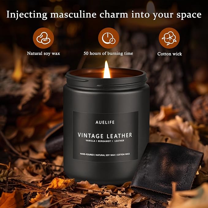 2 Pack Men Candles | Smoke & Vanilla + Vintage Leather - Scented Candles for Men - Masculines Candle - Soy Candle for Home Scented, Man Gifts, Black Jar - 7oz - Bloomnest