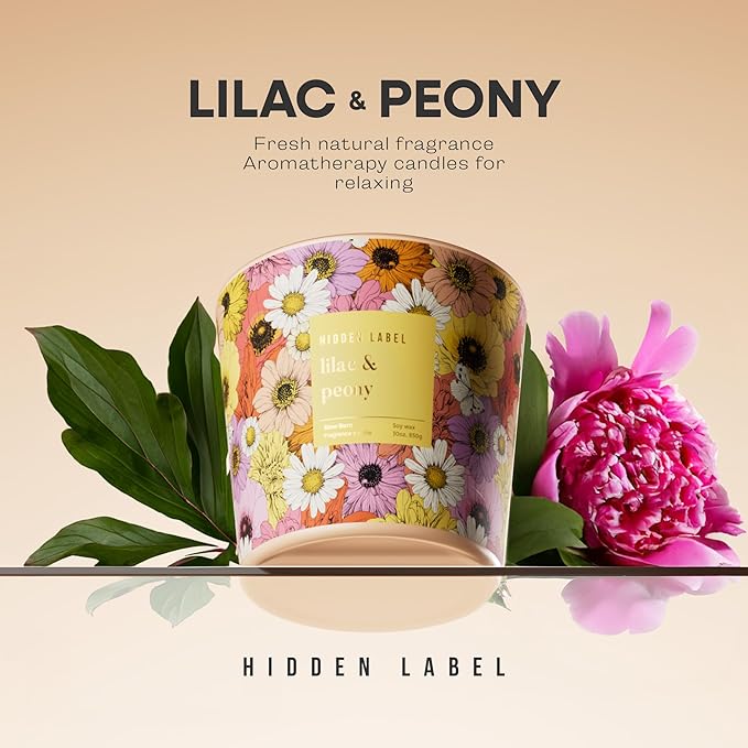Hidden Label Lilac & Peony Scented Candle, 3 Wick Large Candles for Home, 30oz Natural Soy Candles for Home Scented,100 Hour Burn Time, Long Lasting Highly Scented Luxury Candle Gift - Bloomnest