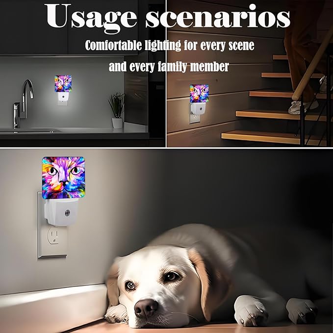 Colorful Cat Face Night Light,Plug Into Wall Decor for Stairway,Hallway,Kitchen,Dusk to Dawn Sensor Nightlights for Boys/Girls/Women/Men Room Gifts - Bloomnest