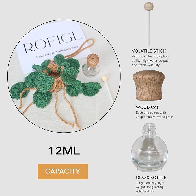 Cute Crochet Car Plant Monstera Essential Oil Diffuser Bottle - 12ml Refillable, Green Car Accessory for Mirror Decor and Home Decor - Bloomnest
