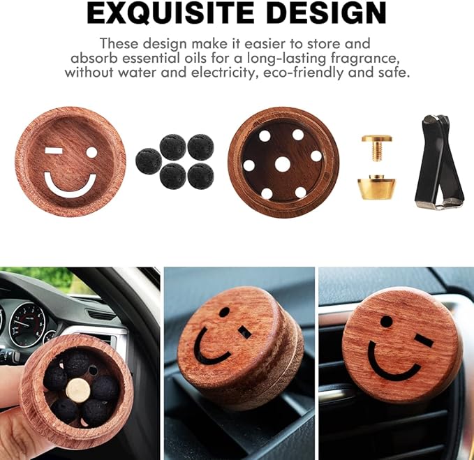Essential Oil Car Diffuser, 2 PCS Smile Car Aromatherapy Wink Wood Diffuser with Vent Clip - Bloomnest