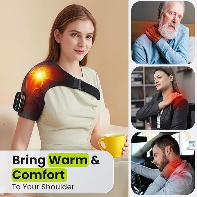 Cordless Shoulder Heating Pad with Vibration for Rotator Cuff Pain Relief, Heated Shoulder Massage Pad, Rotator Cuff Support Brace with 3 Heating Levels &3 Vibration (Black) - Bloomnest