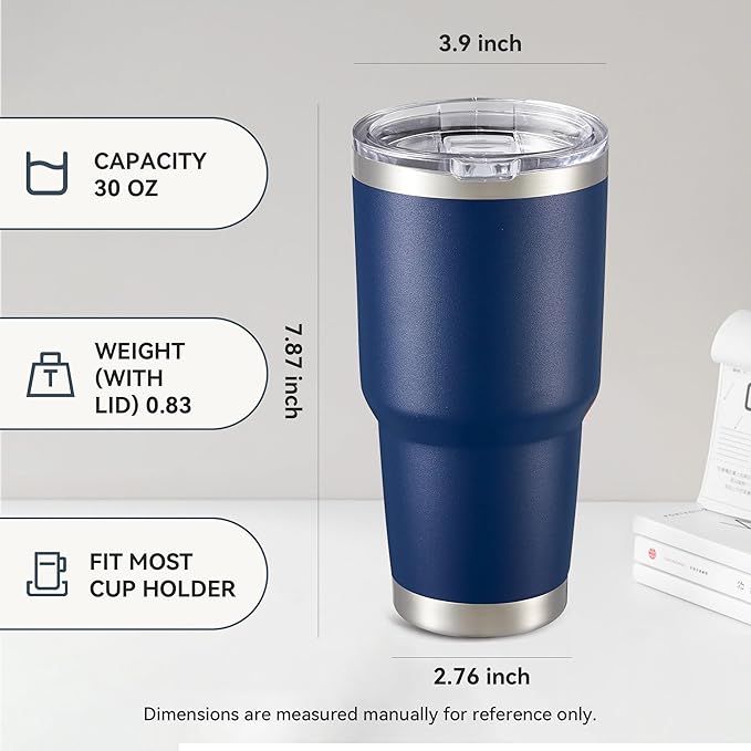 30 oz Tumbler with Lid Stainless Steel Tumblers Vacuum Insulated Cup Reusable Powder Coated Travel Mug Double Wall Leak Proof Portable Cups Keep Cold Drinks for 12 Hours, Navy, 1 Pack