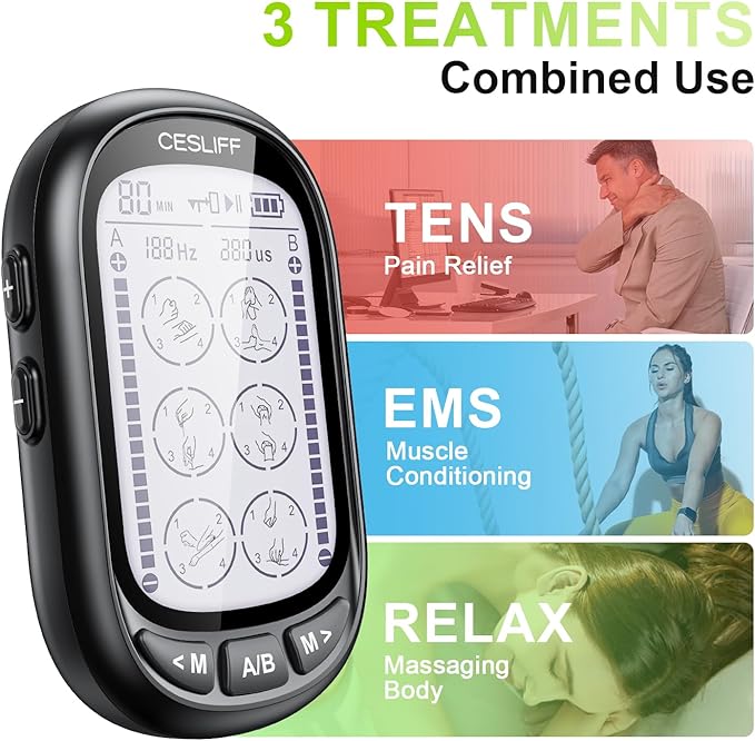 Dual Channel TENS EMS Unit 24 Modes 36 Levels, Upgraded Large Screen Intensity Muscle Stimulator for Back Neck Shoulder Pain Relief, Rechargeable Electric Pulse Massager TENS Machine with 10 Pads CESLIFF