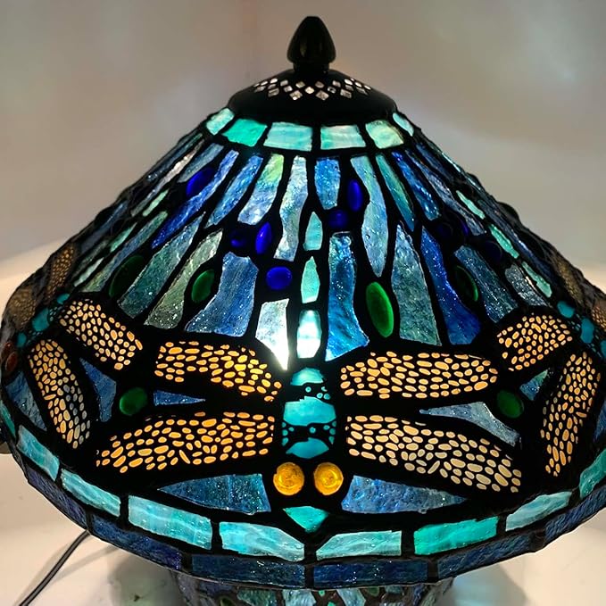 Bieye L10906 Tiffany Style Stained Glass Mushroom-Shaped Double Lit Table Lamp for Home Decor (10-inch, Blue Dragonfly)