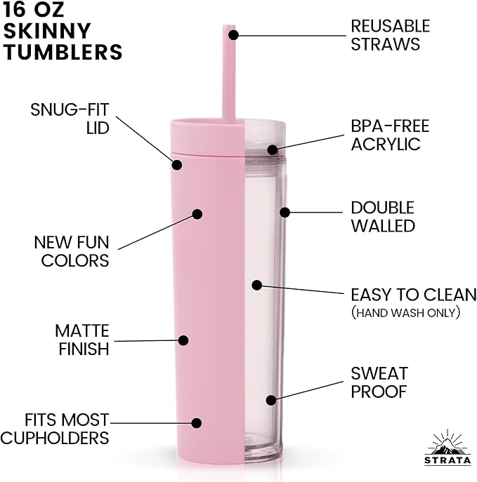 STRATA CUPS Pink Skinny Tumblers with Lids and Straws (12 pack) - 16oz Double Wall Acrylic Tumbler, Tall Matte Skinny Tumblers, Bulk with Free Straw Cleaner, Reusable Cups - Bloomnest