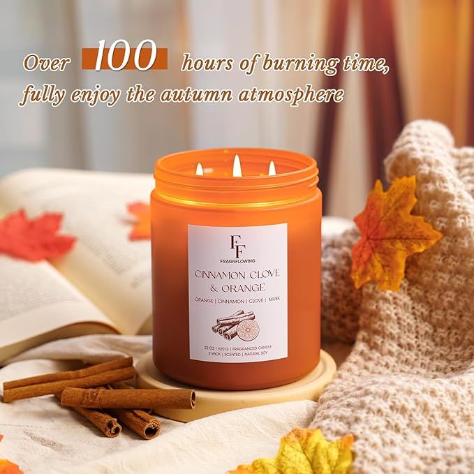 Large Fall Candle Cinnamon Clove Scented, 3-Wick 22oz Long Lasting Scented Candle, Natural Soy Wax Aromatherapy Candle for Home, Autumn Candle Gifts for Women Men - Bloomnest