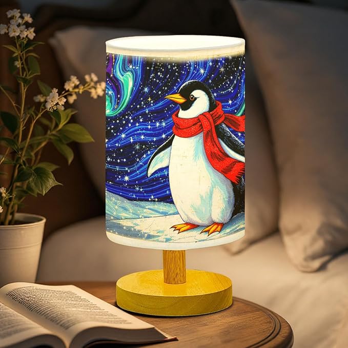 Penguin Table Lamp LED 3-Color Pressed Bedside for Merry Christmas, Penguin Shade Christmas Table Lamp with Wood Base for Bedroom Living Room Desk Office - Bloomnest