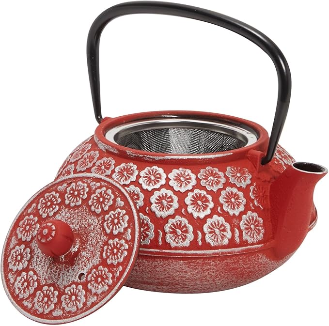 Juvale Red Floral Cast Iron Teapot Kettle - Superior Heat Retention & Stovetop Tea Kettle - Built-In Infuser & Loose Leaf Tea Pot - Red, 34 oz