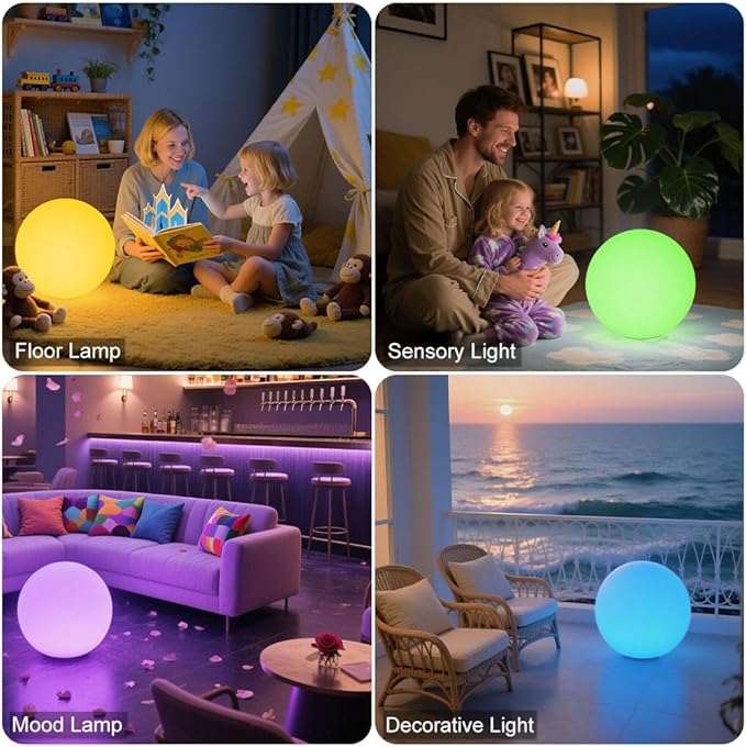 14-in LED Ball Light, Rechargeable Outdoor Globes Light Dimmable RGB Color Changing Globe Floor Lamp w/Remote, Modern Versatile LED Globe Orb Lights Waterproof Glowing Orb Lamp for Home Yard Lawn Path - Bloomnest