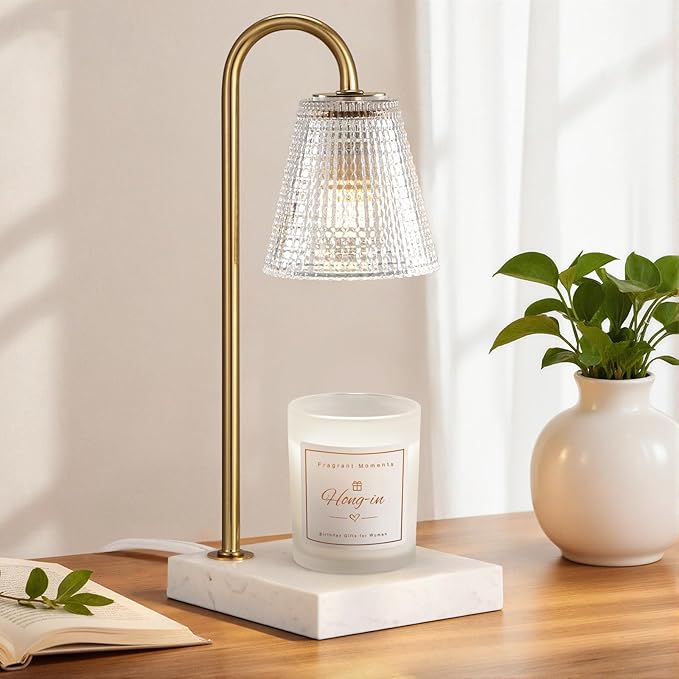 Hong-in Modern Gold and Marble Candle Warmer Lamp with Textured Glass Shade, Elegant Candle Lamp for Bedroom Living Room Kitchen, Luxury Home Decor Accent Lamp,Birthday Gift for Women