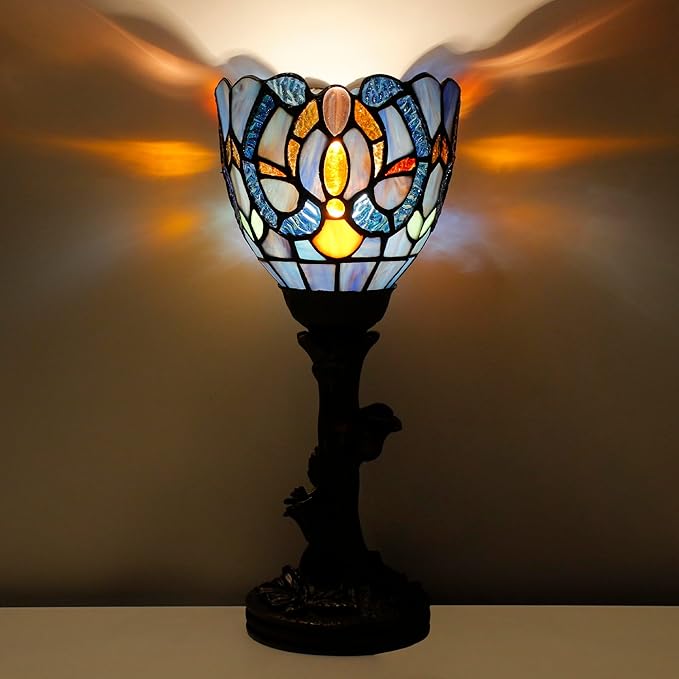 Small Tiffany Lamp Mini Stained Glass Table Lamp Blue Liaison Accent Desk Uplight W6 H13.5 Inch Bronze Resin Base - Bloomnest