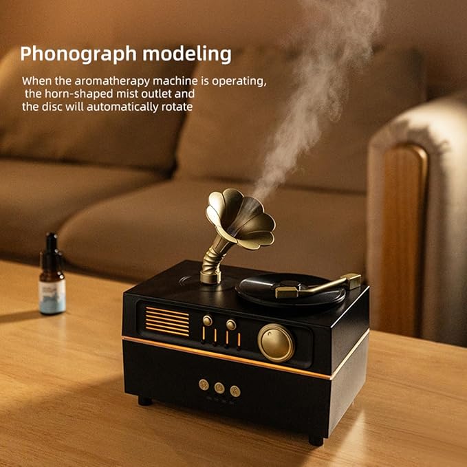 Daroma Essential Oil Diffuser, Retro Phonograph Design with Music Player, 7-Color LED Lights, Low-Noise Aromatherapy Humidifier for Home Office, Unique Gift Idea (Black) DaromaLife