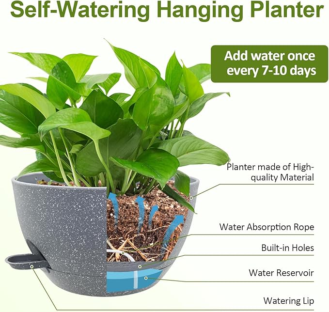 WOUSIWER Self Watering Hanging Planters, 2 Pack 12'' Plastic Pots with Drainage Holes & Reservoir Tray (Speckled Grey) | Indoor & Outdoor Use for Ferns, Ivy, Herbs, Succulents - Bloomnest