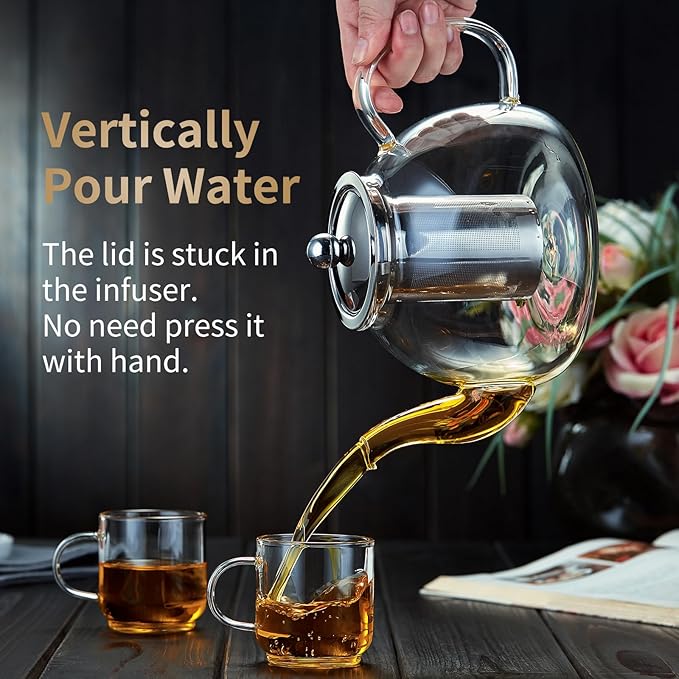 40OZ (1200ML) Glass Teapot with Infuser Stovetop Safe, Clear Glass Tea Pot Kettle, Borosilicate Tea Pot with Infusers Filter for Loose Tea, Tea Kettle Dishwasher Safe - Bloomnest