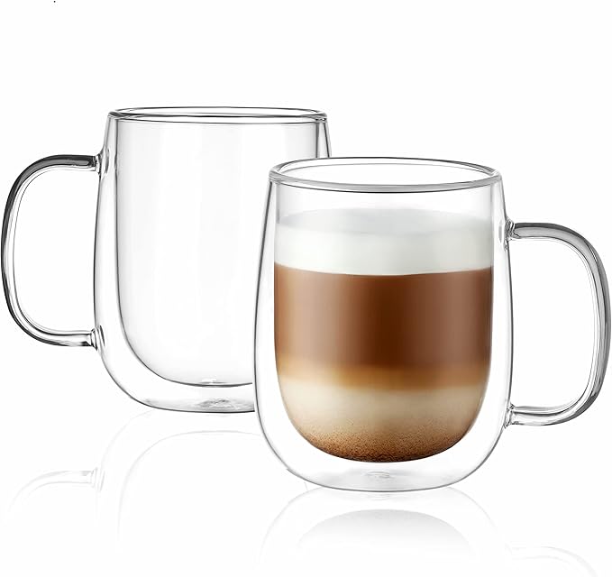 CNGLASS Glass Coffee Mugs 12oz,Double Wall Insulated Mug Set with Handle,Clear Glass Espresso Mugs for Latte,Cappuccino,Tea Bag,Hot and Cold Beverages,Set of 2 - Bloomnest