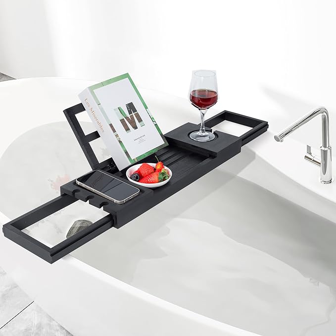 Utoplike Bamboo Bathtub Tray Black, Adjustable Bath Caddy Table for Tub, Bathroom Organizer with Book Tablet Wine Glass Cup Towel Holder - Bloomnest