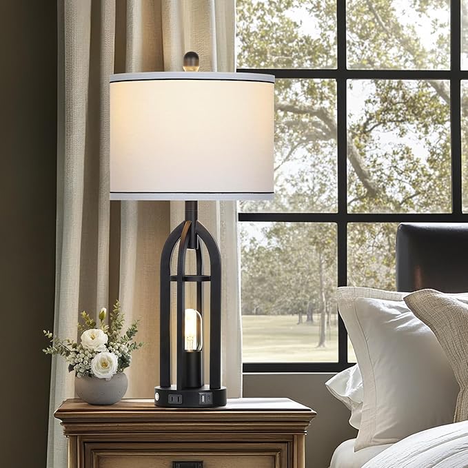 27" Tall Vintage Table Lamp with USB C+A & Outlet,Black Industrial End Table Lamp for Living Room,Farmhouse Rustic Bedside Lamps with Night Light for Bedroom Nightstand,Black（2 LED Bulbs Included） - Bloomnest