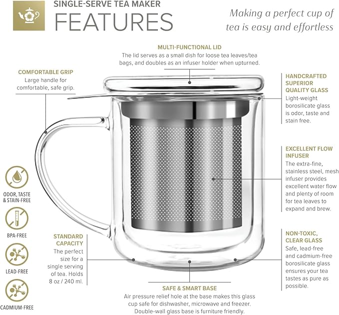 Teabloom Personal Tea Maker - Insulated Heatproof Glass Cup with Loose Tea Infuser and Lid/Coaster – Tea Connoisseur's Choice – Borosilicate Glass Infusion Mug (8 Oz) - Bloomnest