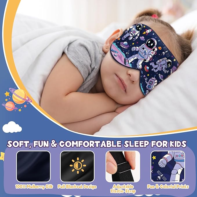 Silk Kids Sleep Mask: 100% Mulberry Silk Eye Mask, Sleeping Masks with Adjustable Strap, Soft & Light-Blocking Printed Kid Eye Cover for Boys Girls Teens Aged 5-15 (Alien Theme) - Bloomnest