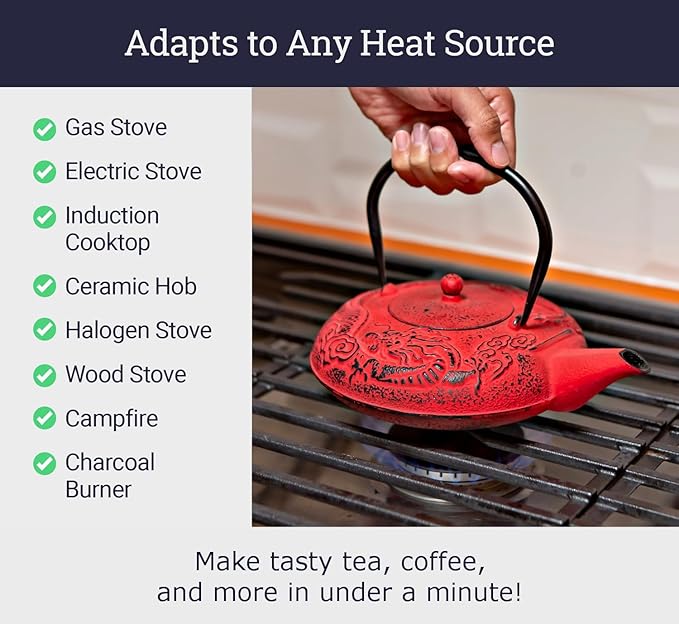 Large Cast Iron Tea Kettle Set - 40oz/1200ml Japanese Teapot with Infuser & Matching Trivet - Tetsubin Iron Tea Pot Japanese Style with Enamel Interior - Handcrafted Dragon Teapot Humidifier - Red