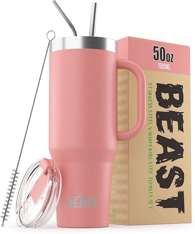 Beast 50 oz Tumbler Stainless Steel Vacuum Insulated Coffee Ice Cup Double Wall Travel Flask (Blossom Pink) - Bloomnest