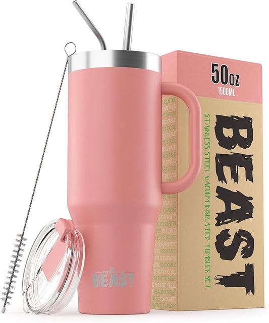 Beast 50 oz Tumbler Stainless Steel Vacuum Insulated Coffee Ice Cup Double Wall Travel Flask (Blossom Pink) - Bloomnest