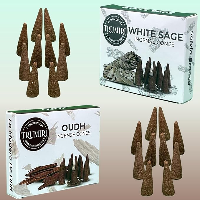 Incense Cones - Combo Pack of 20 Cone Incense - 10 White Sage + 10 Oud - Insence Cones - Incense Cones Scented - Cone Incense Scents - Insense Cones - Incent Cone TRUMIRI