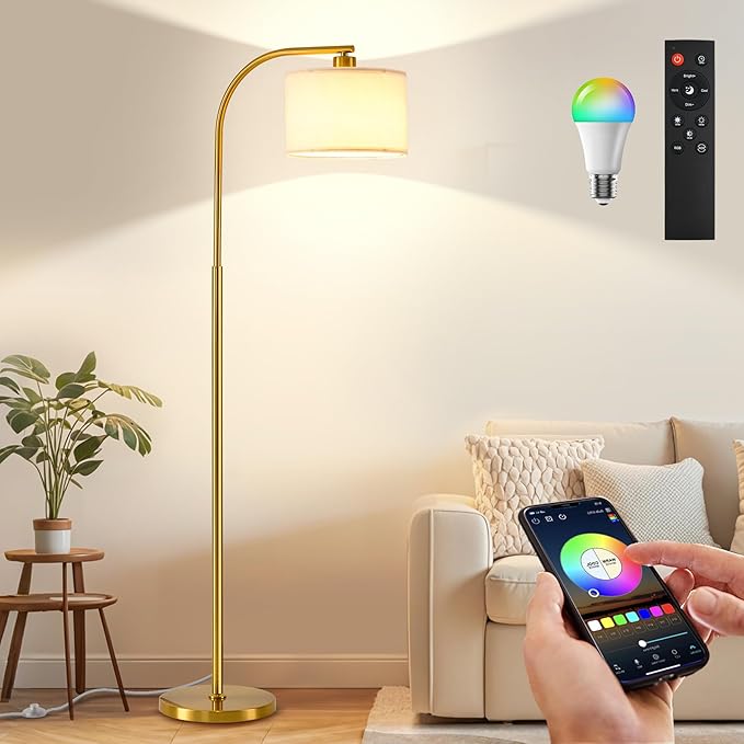 Floor Lamp for Living Room with Remote,Dimmable Tall Standing Lamps,Modern Floor Light with Smart RGB Bulb,App Control,3 Color Temperatures,Fabric Shades,Gold Floor Lamp for Bedroom Office Corner - Bloomnest
