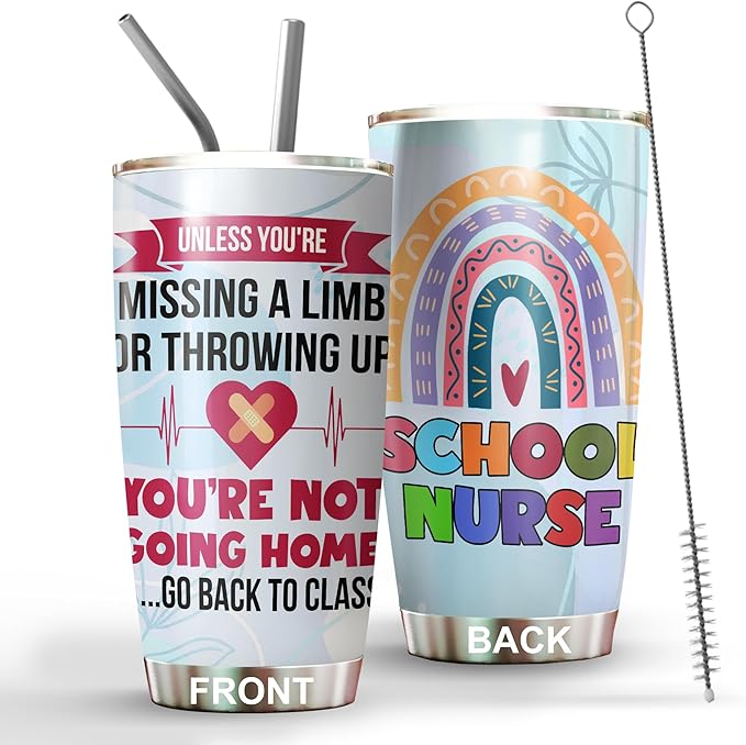 School Nurse Tumbler Stainless Steel 20oz with Straw Lid, School Nurse Appreciation Gifts Bulk For Women Birthday Christmas, Funny Coffee Cup for Work - Bloomnest