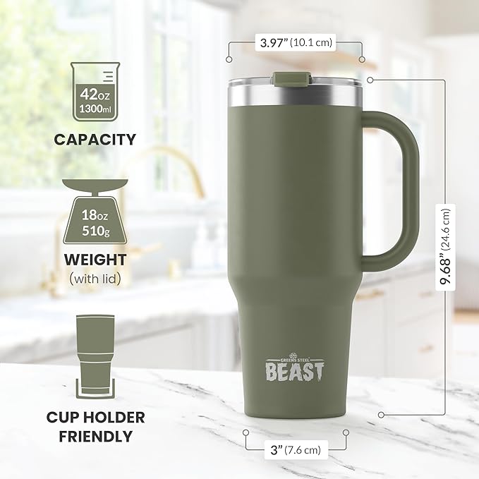 Beast 42 oz Tumbler Stainless Steel Vacuum Insulated Coffee Ice Cup Double Wall Travel Flask (Army Green) - Bloomnest